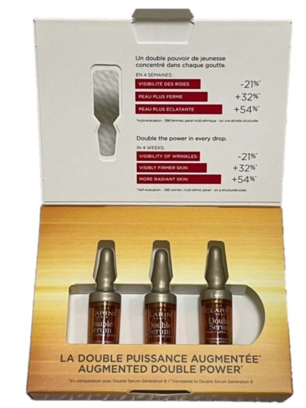 New Clarins Double Serum trial kit featuring three individual 0.9ml vials in Box